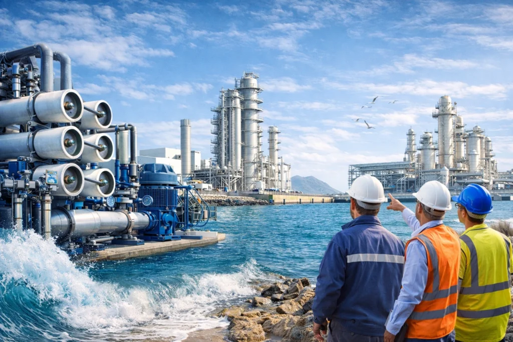 Photographie d’une usine de dessalement de l’eau de mer située sur un littoral, avec des ingénieurs en tenue de sécurité observant les installations de membranes et de distillation.