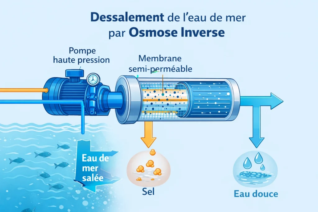 Schéma du dessalement de l’eau de mer par osmose inverse